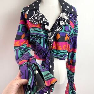 Vintage 80s Abstract Polka Dot Sequin Ruffle Tie Top Sz M Cropped Wacky Dopamine